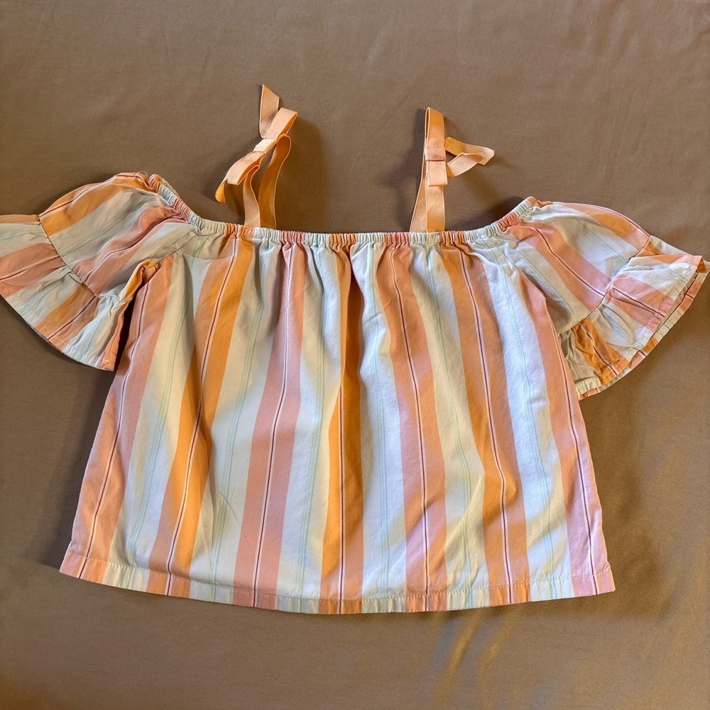 Janie and Jack Girls Orange Pink Striped Off Shoulder Ruffle Top 2T